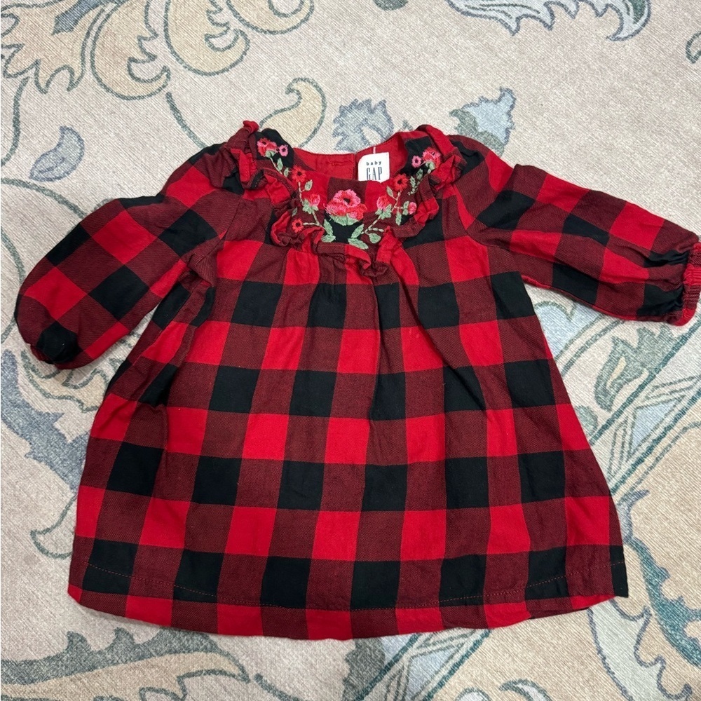 GAP Red and Black Tartan Plaid Dress with Floral Details
